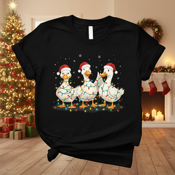 Christmas Duck T-Shirt, Funny Holiday Farm Animal Tee, Cute Xmas Gift for Bird Lovers, Festive Duck Shirt with Santa Hats and Lights | T-shirt 48