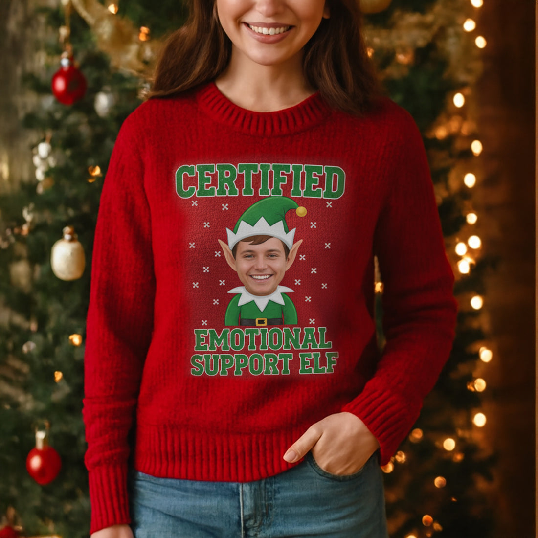 Certified Emotional Support Elf Christmas Sweater – Customizable Photo Funny Elf Jumper for the Holidays | Ugly 13