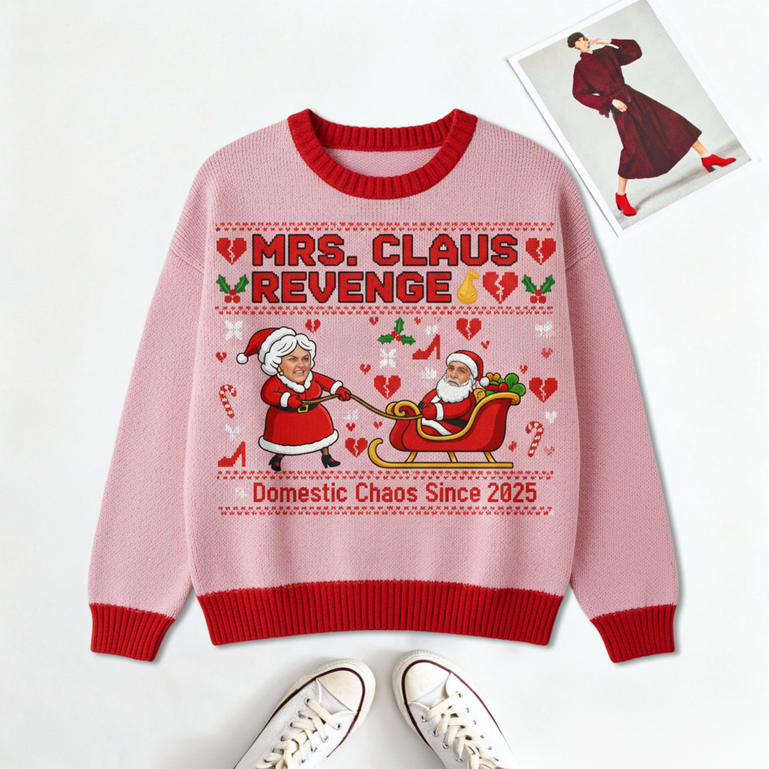 Custom Photo Ugly Christmas Sweater, Funny Couple Xmas Jumper, Mrs Claus Revenge, Personalized Holiday Gift for Him Her | Ugly 14