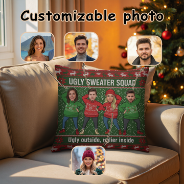 Custom Ugly Sweater Squad Pillow – Funny Christmas Gift for Family or Friends, Personalized Photo Linen Cushion Decor | Pillow31