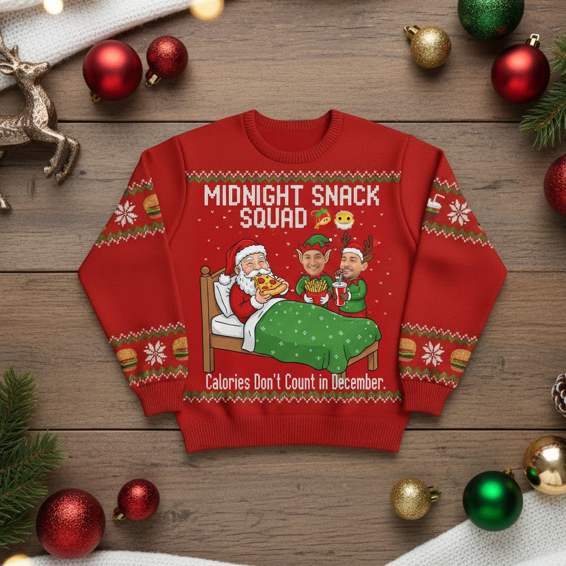 Custom Photo Ugly Christmas Sweater, Funny Foodie Xmas Jumper, Midnight Snack Squad, Personalized Family Holiday Sweatshirt | Ugly 57