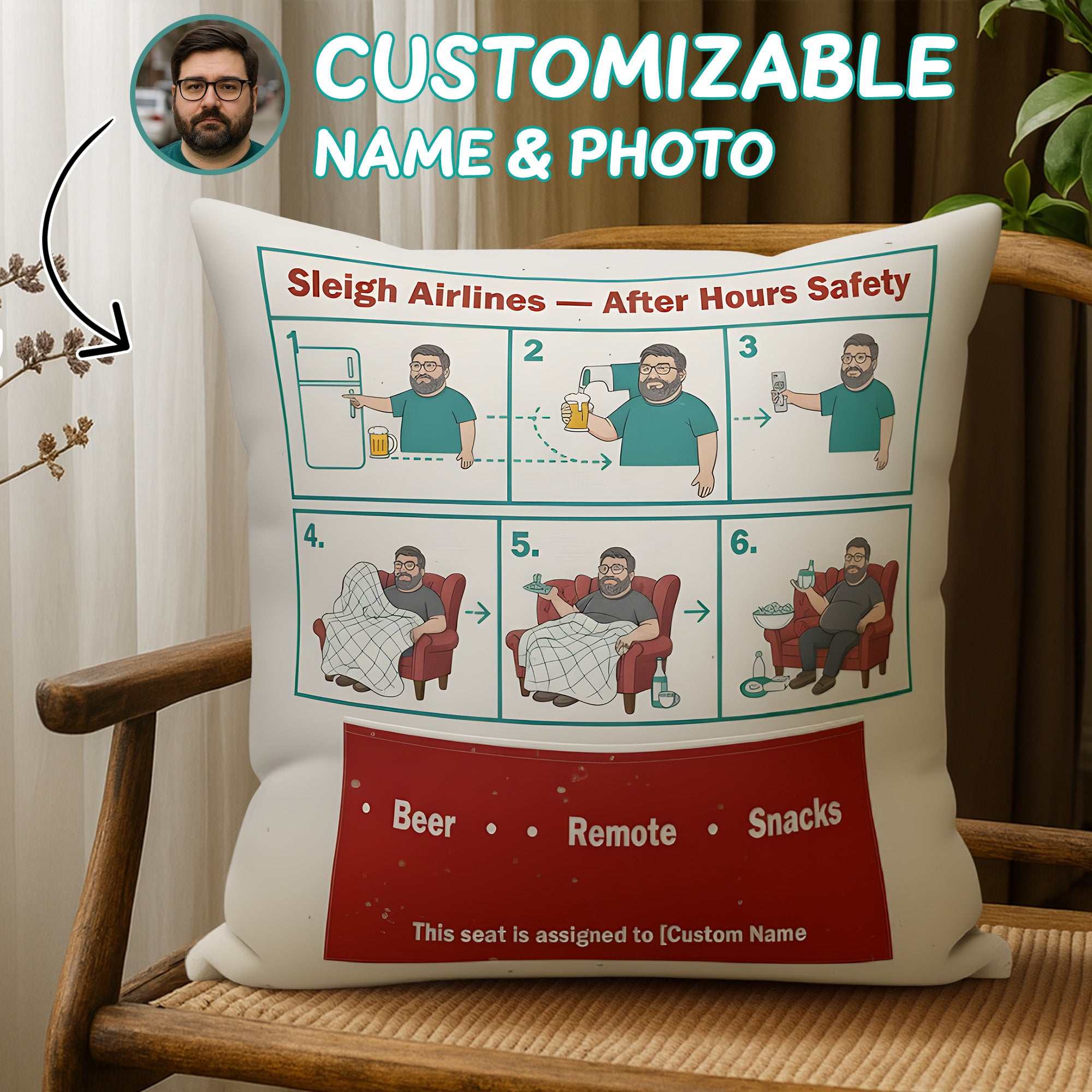 Personalized Funny Christmas Pillow | Custom Face & Name Cushion | Sleigh Airlines After Hours Safety | Holiday Gift for Men | Pillow60