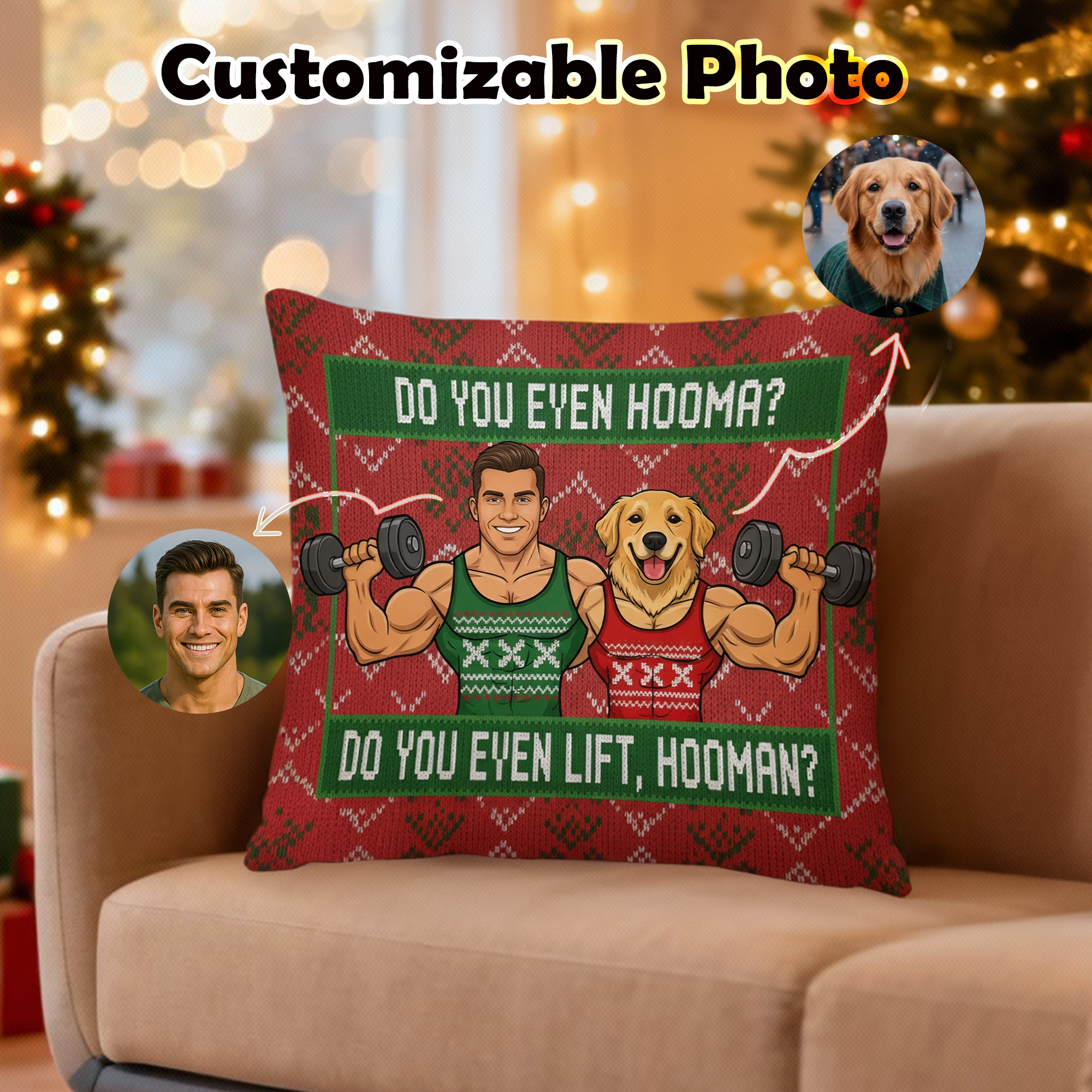 Funny Dog Pillow – Do You Even Lift Hooman – Personalized Pet Photo Cushion – Custom Christmas Gym Dog Gift – Pet Lover Holiday Decor | Pillow 37, 38