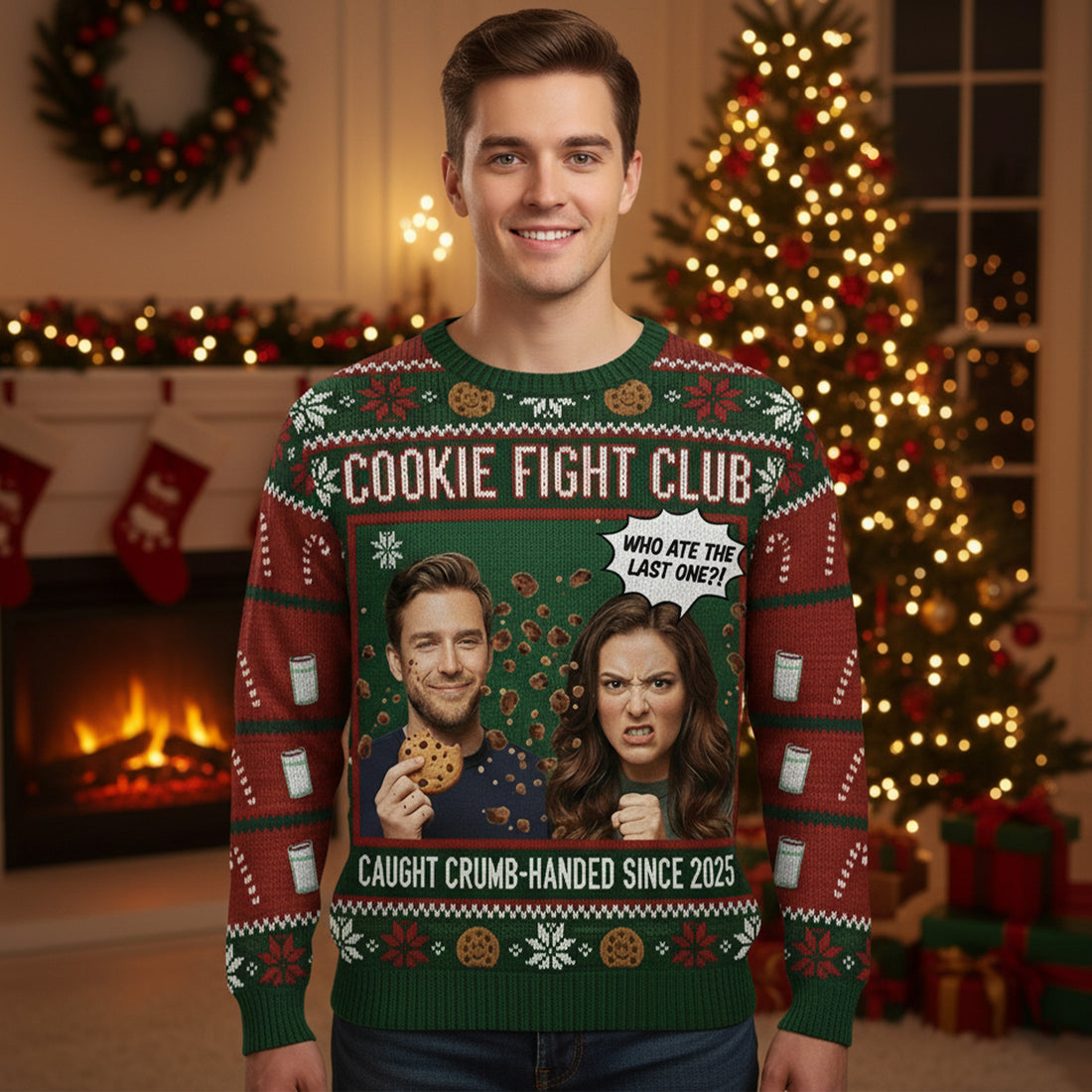Funny Christmas Ugly Sweater, Custom Face Cookie Fight Club Sweatshirt, Personalized Couple Gift, Holiday Party Knit Pullover | Ugly 88