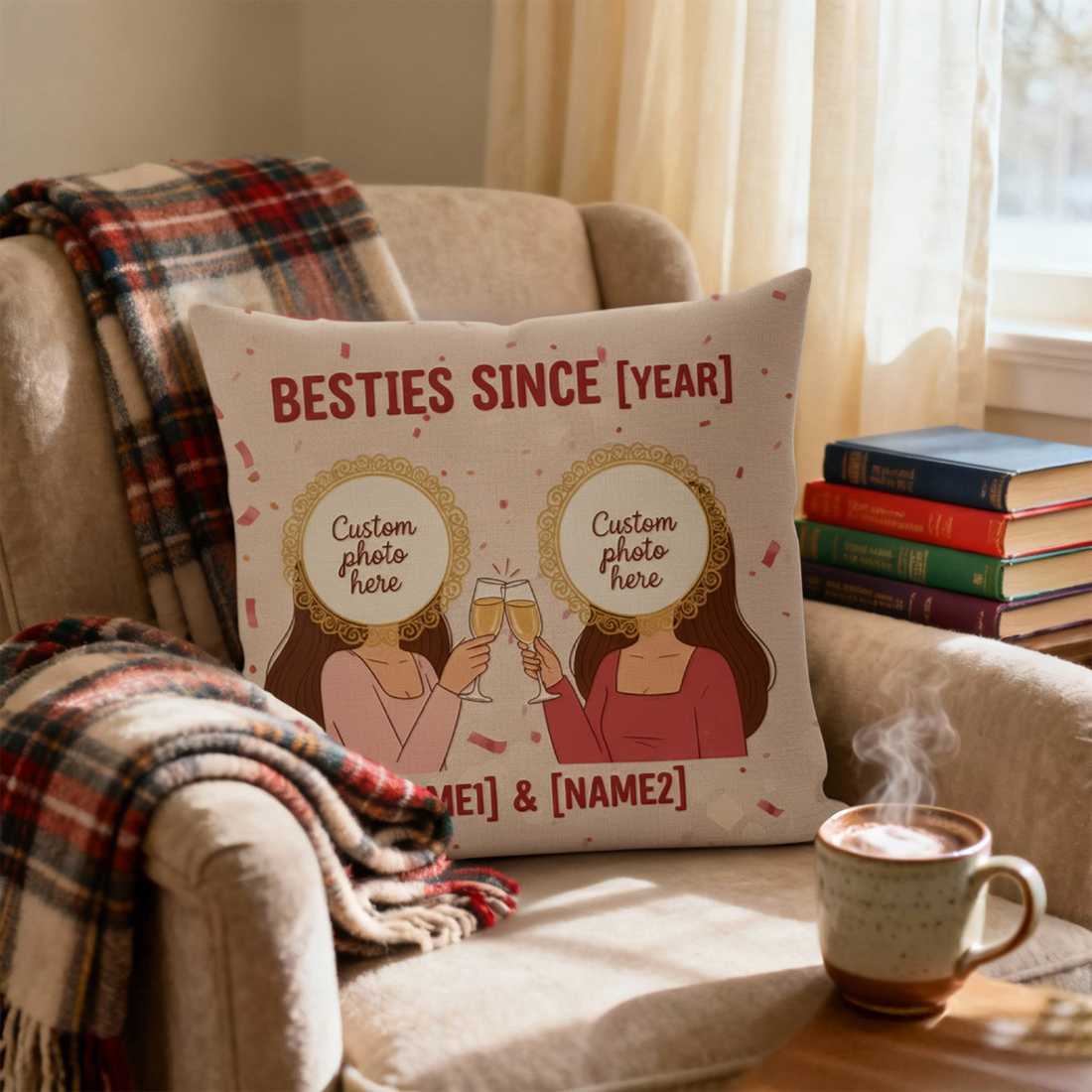 Custom Best Friends Pillow – Besties Since Year, Personalized Photo Cushion, Friendship Gift for Her, Double Sided Linen Pillow | Pillow33