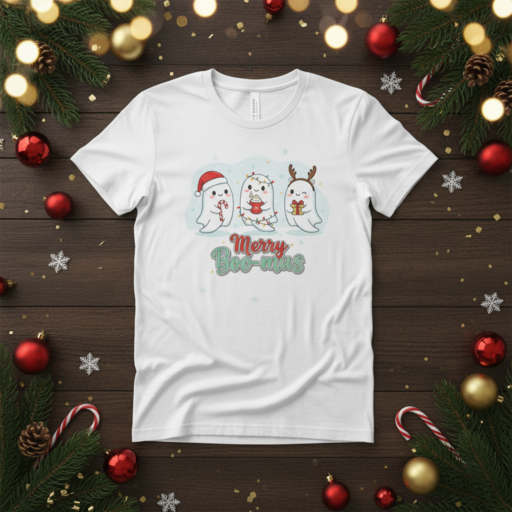 Merry Boo-mas Christmas Ghost T-Shirt, Funny Holiday Tee, Cute Ghost Christmas Shirt, Xmas Gift for Men Women Kids, Festive Unisex Top | T-shirt 73