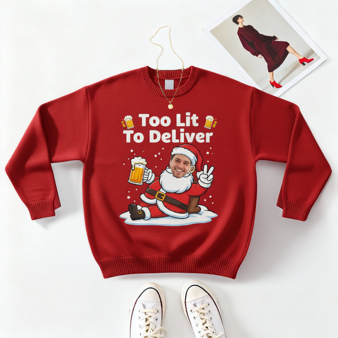 Too Lit To Deliver Christmas Sweater – Customizable Photo, Funny Holiday Jumper, Santa with Beer | Ugly 9
