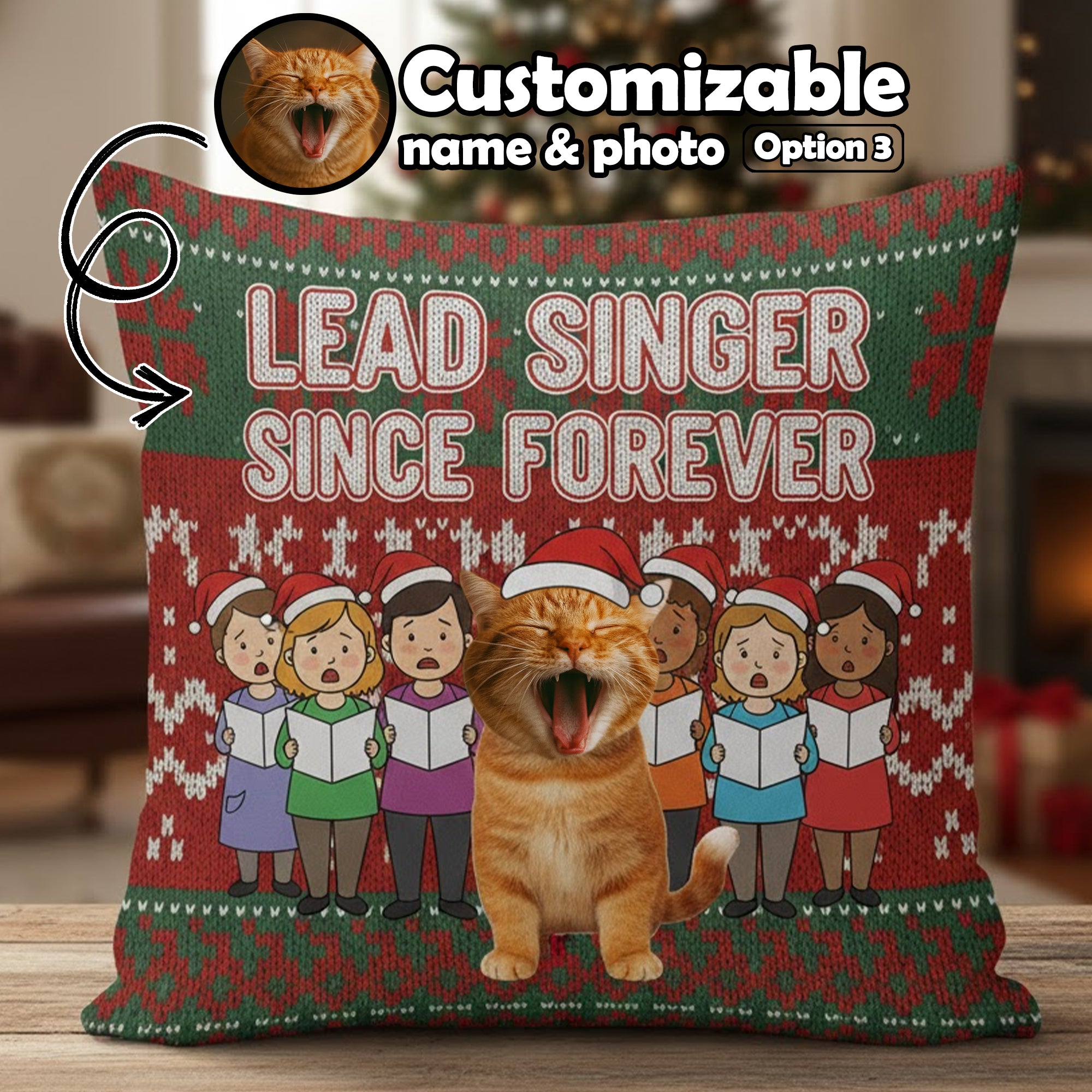 Custom Singing Pet Christmas Pillow – Personalized Cat Cushion – Funny Holiday Gift – Custom Photo | Pillow 95