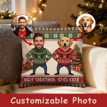 Personalized Christmas Pillow – Custom Pet & Owner Face | Funny Holiday Gift | “Ugly Together, Still Cute” Linen Pillow|Pillow07