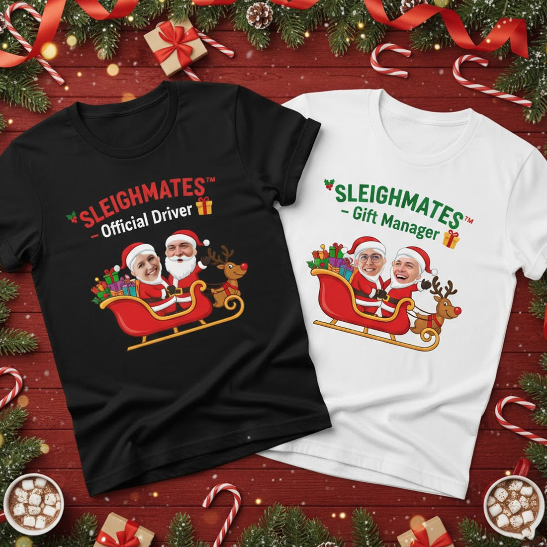 Sleighmates Christmas T-Shirt, Funny Couple Custom Photo Tee, Personalized Santa Sleigh T-shirt, Holiday Gift for Husband Wife Family| Tshirt82