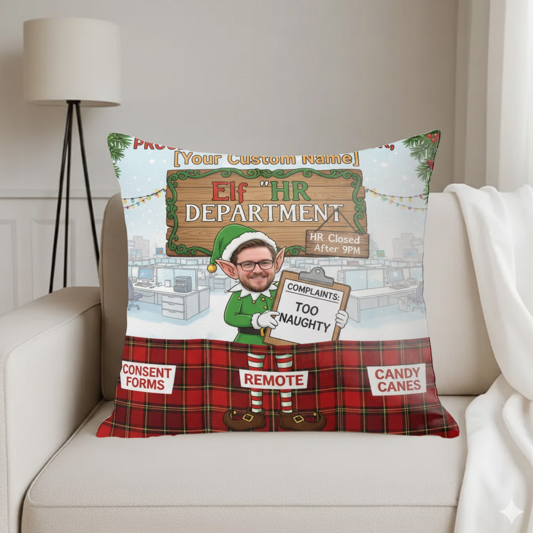 Custom Elf HR Department Pillow – Funny Naughty Christmas Gift, Personalized Name & Photo Cushion, Holiday Decor for Him | Pillow88