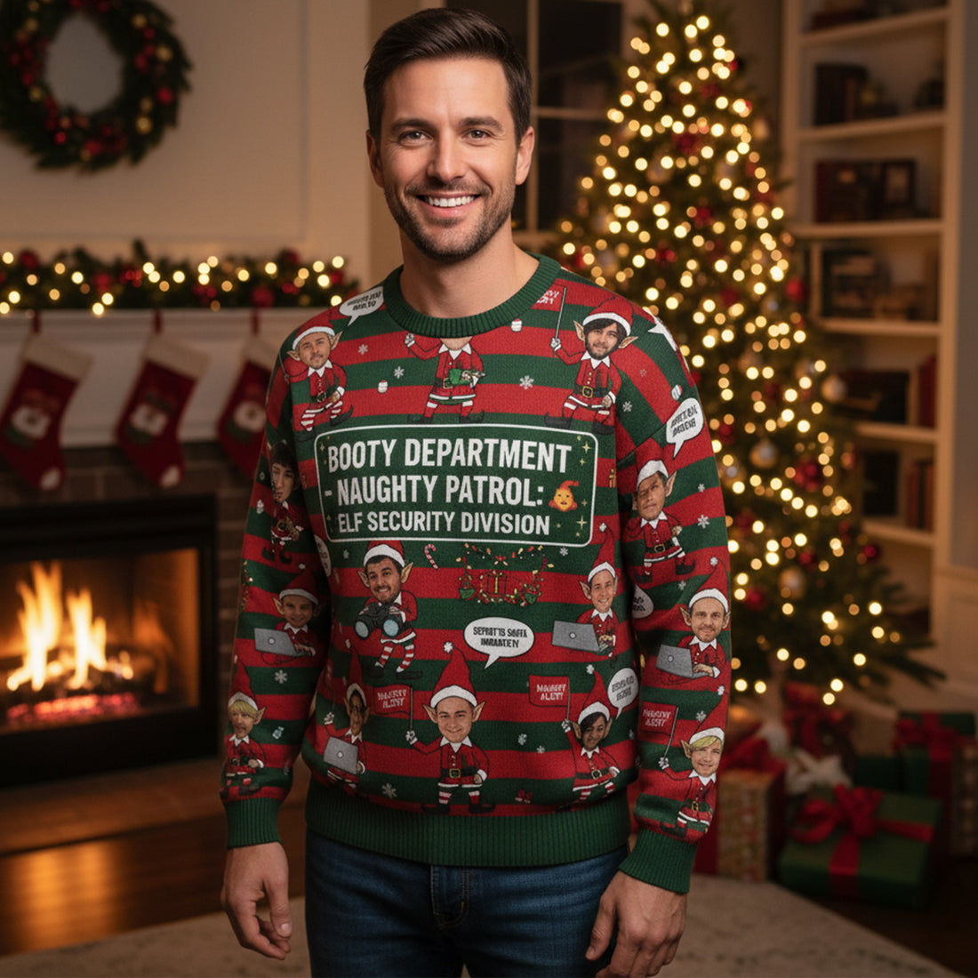 Booty Department Naughty Patrol Ugly Christmas Sweater – Customizable Photo, Elf Security Division, Funny Xmas Jumper | Ugly 90