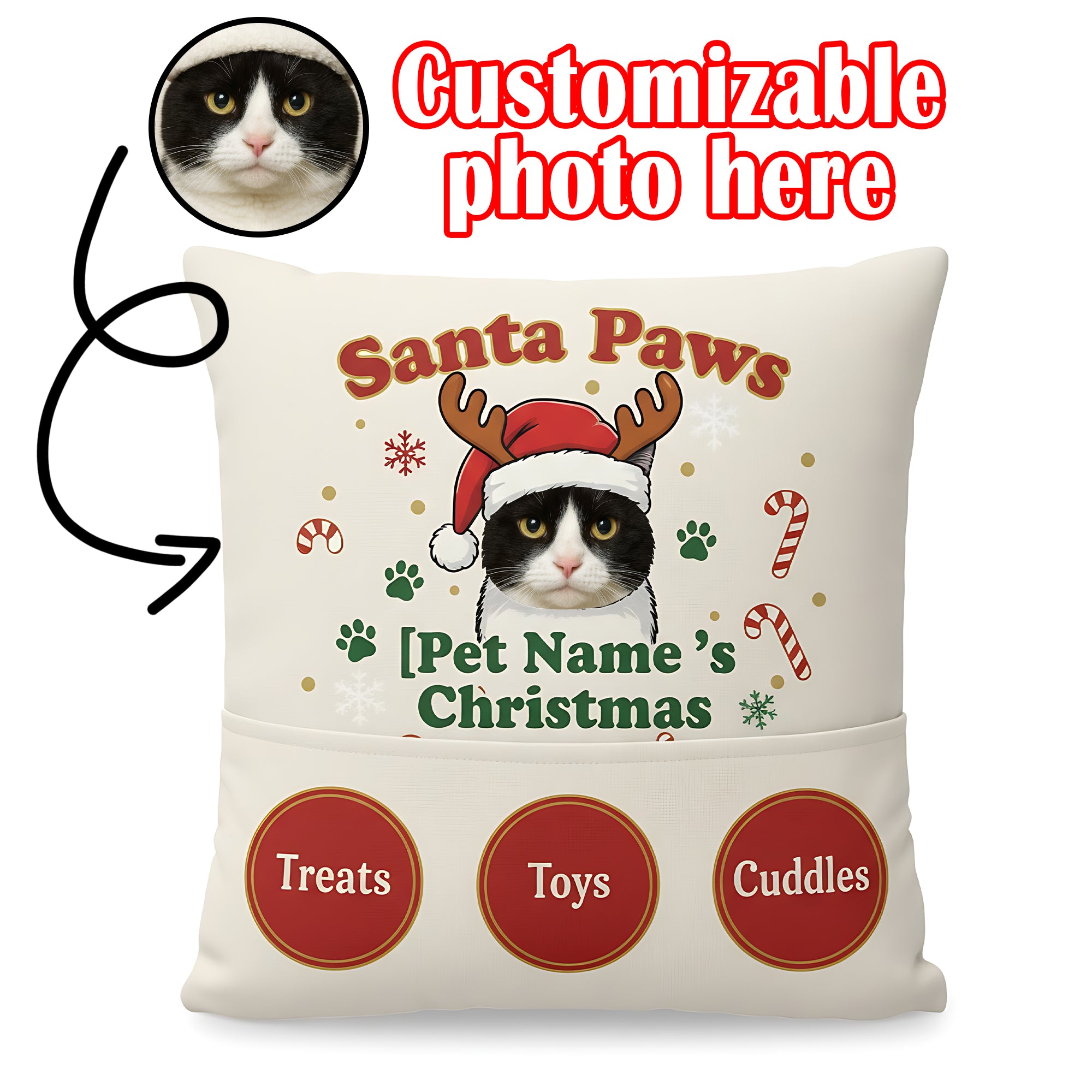 Personalized Pet Christmas Pillow | Custom Dog or Cat Photo Gift | Santa Paws Holiday Decor | Funny Pet Lover Christmas Cushion | Pillow67