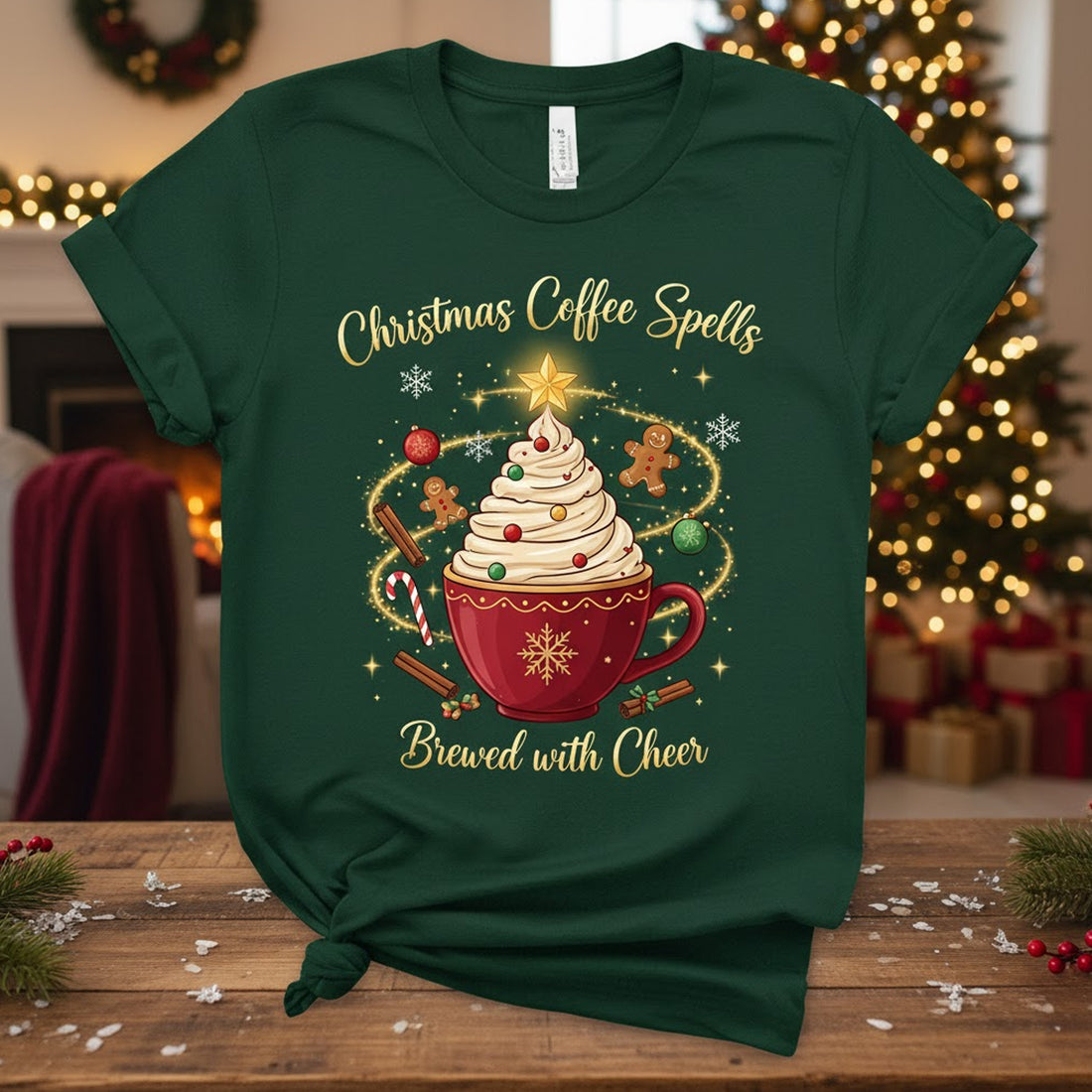 Christmas Coffee Spells Brewed With Cheer T-Shirt, Holiday Coffee Lover Tee, Funny Xmas Shirt for Women Men | Tshirt38