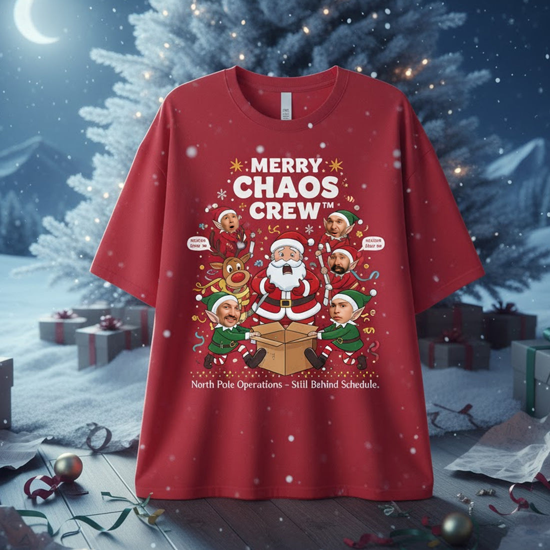 Merry Chaos Crew Custom Photo Christmas T-Shirt, Funny Family Xmas Tee, Personalized Santa Elf Shirt, Holiday Gift for Men Women Kids  | Tshirt33