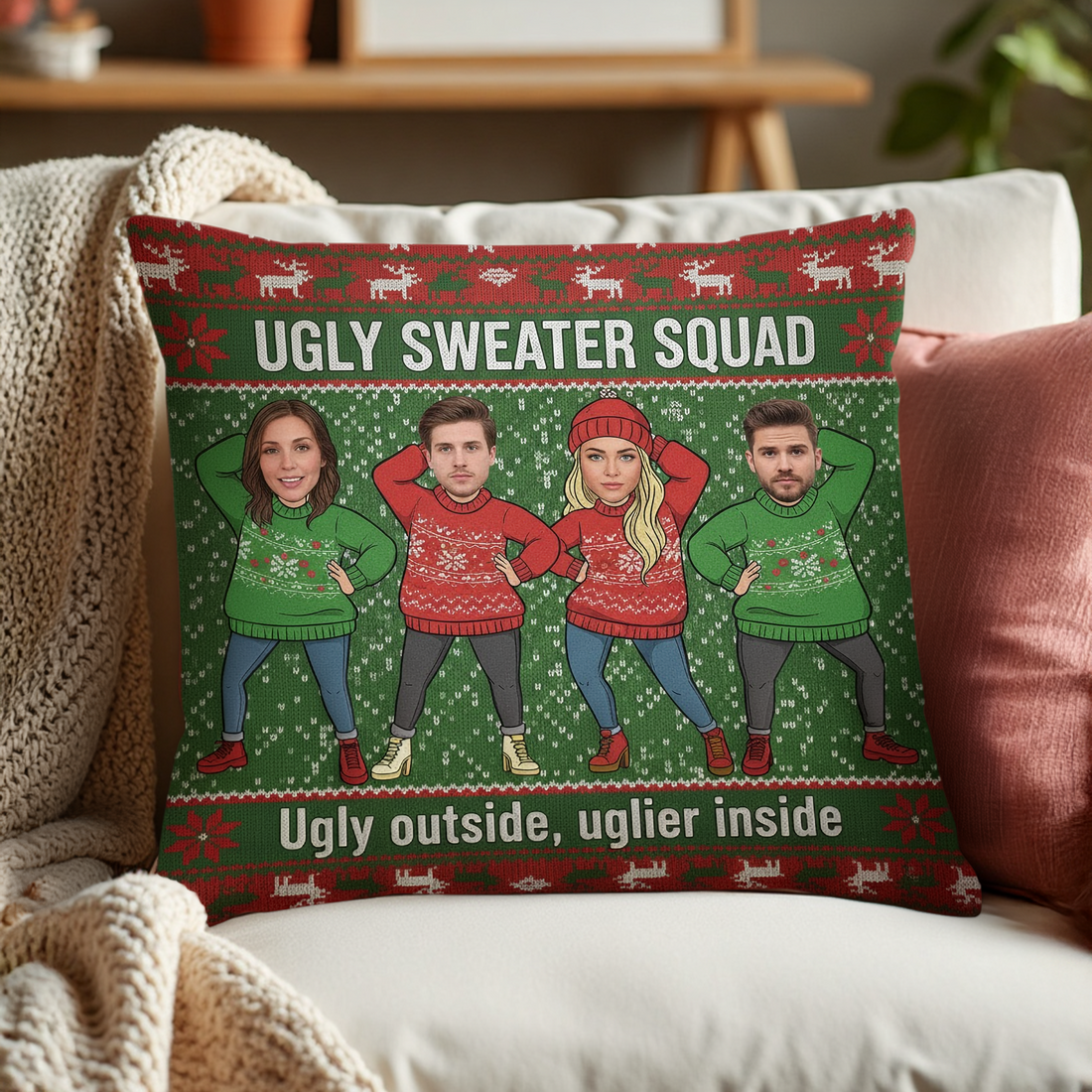 Custom Ugly Sweater Squad Pillow – Funny Christmas Gift for Family or Friends, Personalized Photo Linen Cushion Decor | Pillow31