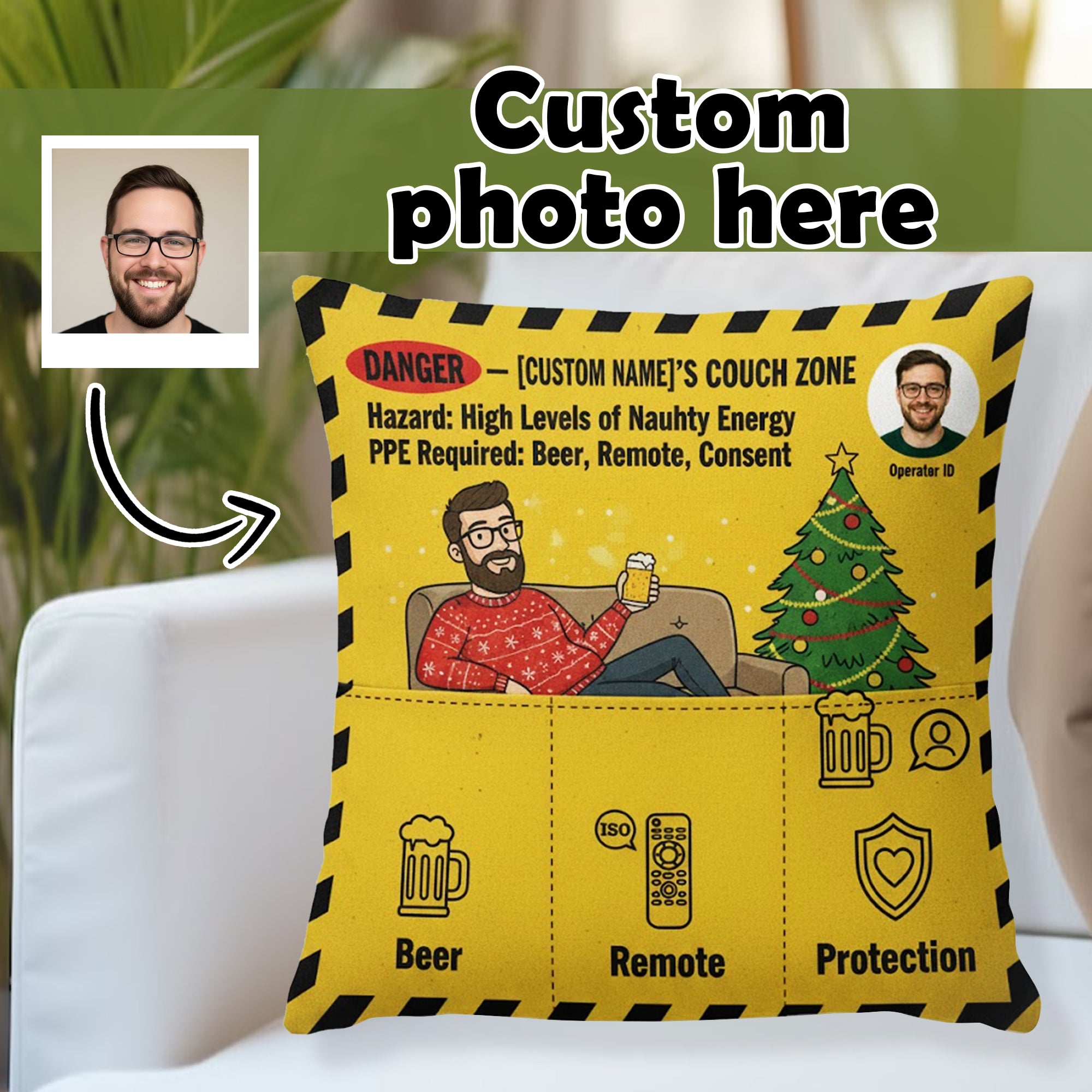 Personalized Christmas Pillow | Custom Face Gift for Him | Funny Couch Zone Decor | Naughty Holiday Gift | Beer Lover Cushion | Pillow94