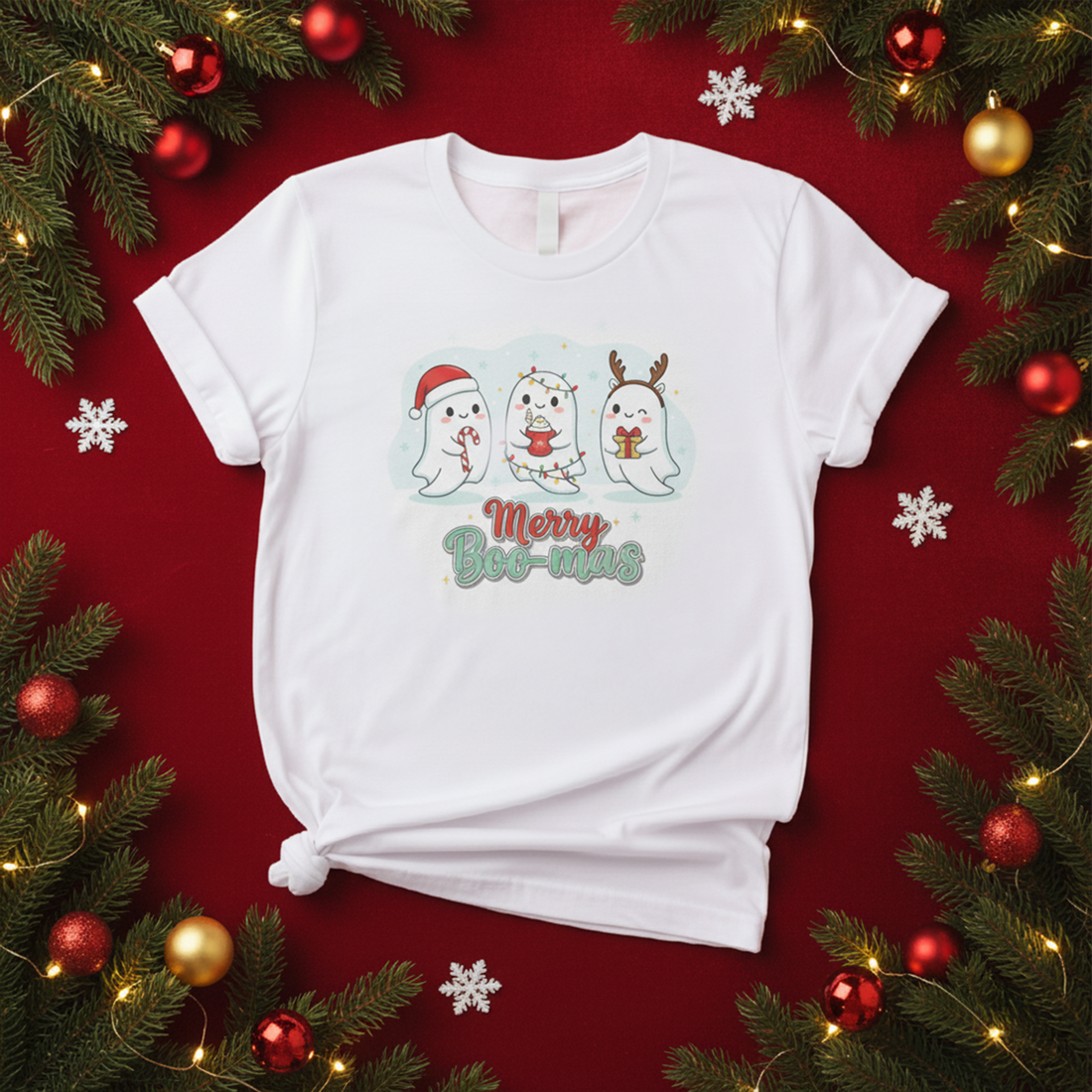 Merry Boo-mas Christmas Ghost T-Shirt, Funny Holiday Tee, Cute Ghost Christmas Shirt, Xmas Gift for Men Women Kids, Festive Unisex Top | T-shirt 73
