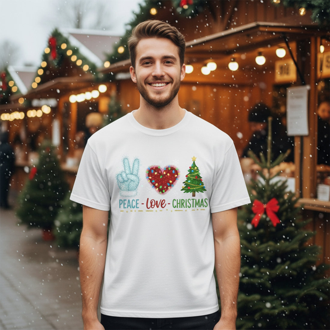 Peace Love Christmas T-Shirt, Cute Holiday Lights Tee, Festive Xmas Shirt for Women & Men, Funny Christmas Gift, Holiday Family Outfit | T-shirt 64