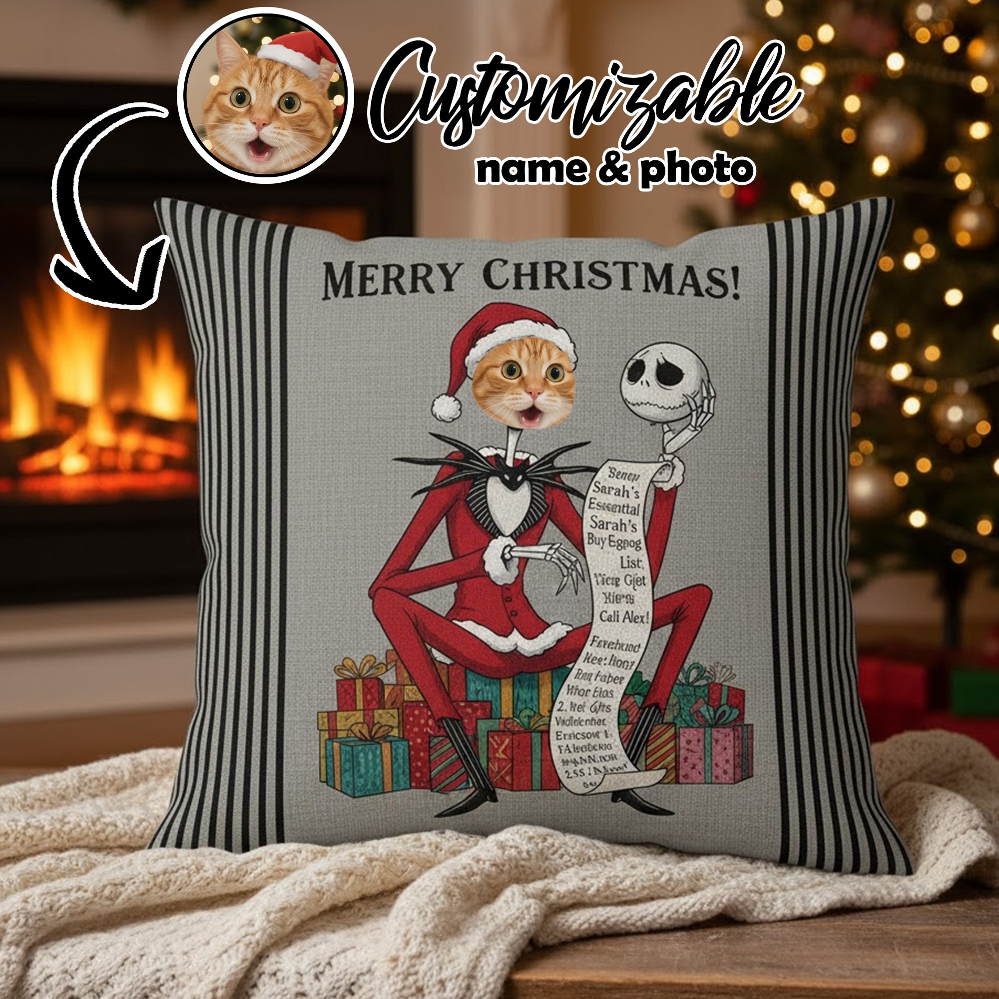 Custom Christmas Pillow – Merry Christmas with Cat Photo & Name, Personalized Holiday Gift, Fun & Whimsical Christmas Decor | Pillow 105