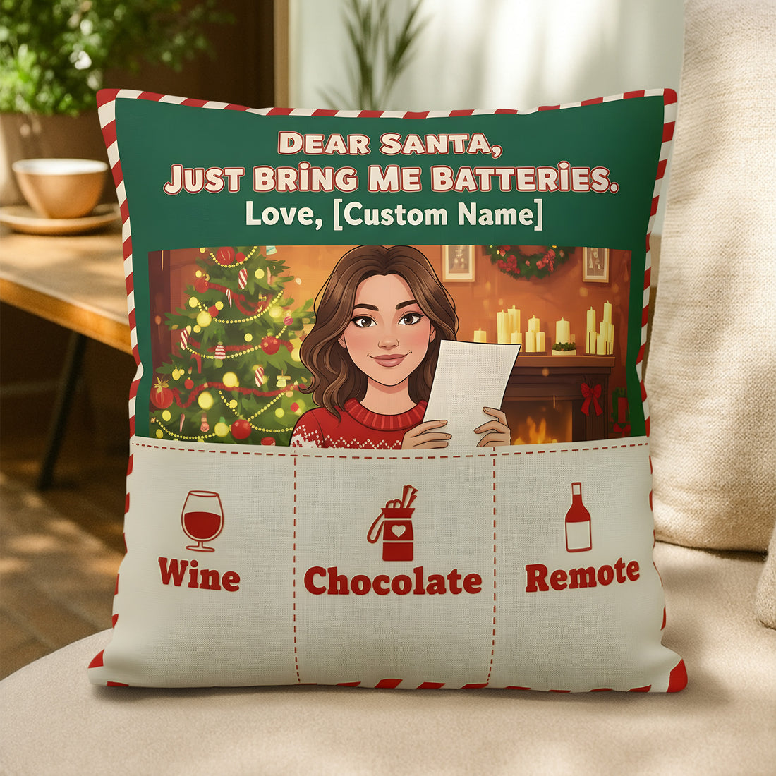 Funny Custom Christmas Pillow – Dear Santa Just Bring Me Batteries, Personalized Name & Photo Gift, Holiday Humor Decor | Pillow68