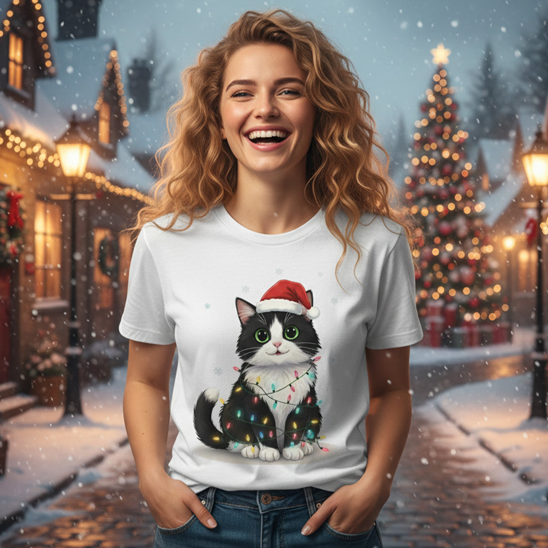 Cute Christmas Cat T-Shirt, Santa Hat Cat Tee, Funny Holiday Shirt for Cat Lovers, Xmas Gift Idea, Festive Pet Lover Top, Holiday Outfit | T-shirt 52