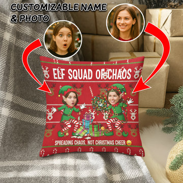 Personalized Christmas Pillow – Custom Faces & Names | “Elf Squad of Chaos” Funny & Faith-Inspired Holiday Gift for Family & Friends | Pillow10