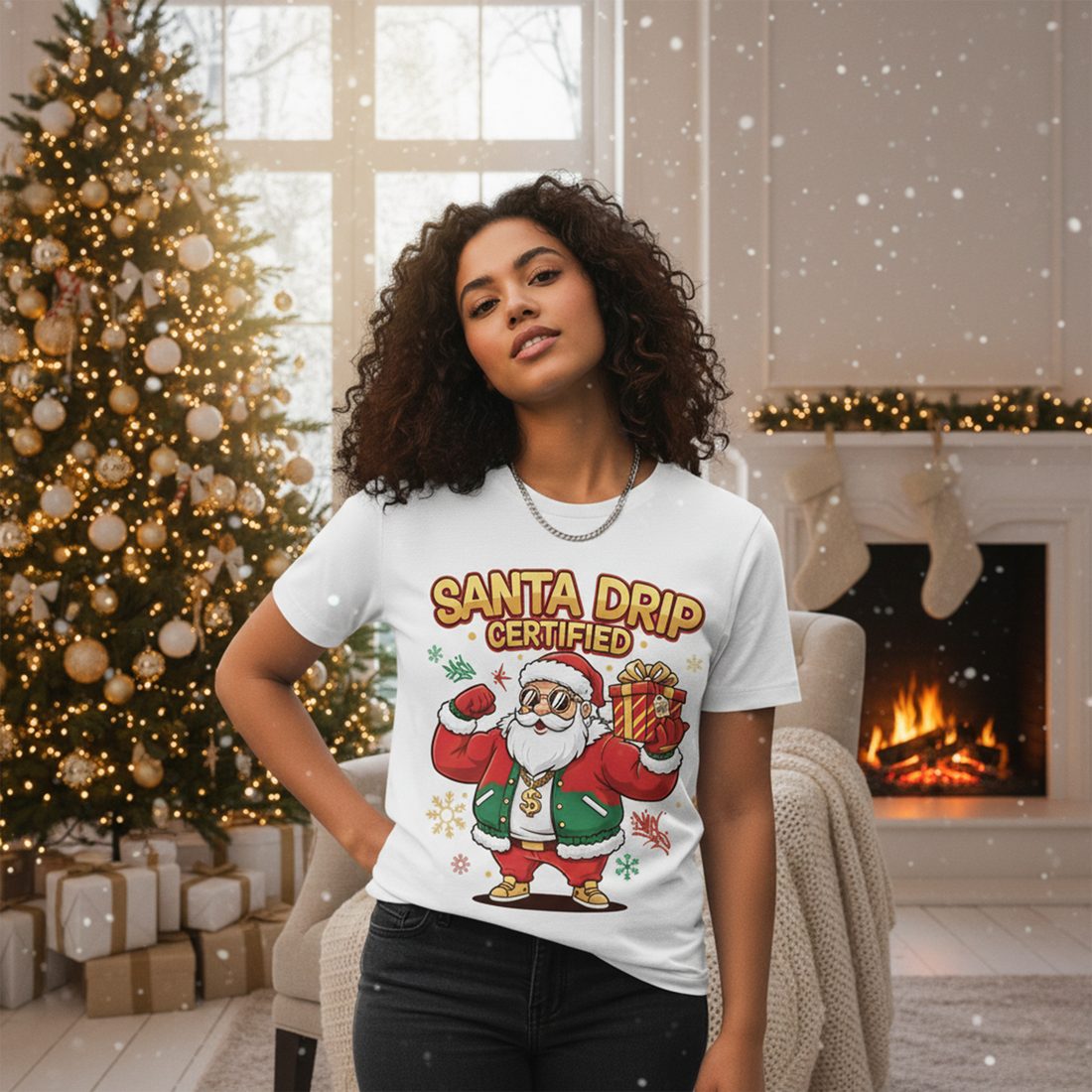 Santa Drip Certified T-Shirt, Funny Christmas Tee, Cool Santa Holiday Shirt, Hip Hop Xmas Gift for Men, Trendy Streetwear Christmas Top | T-shirt 43