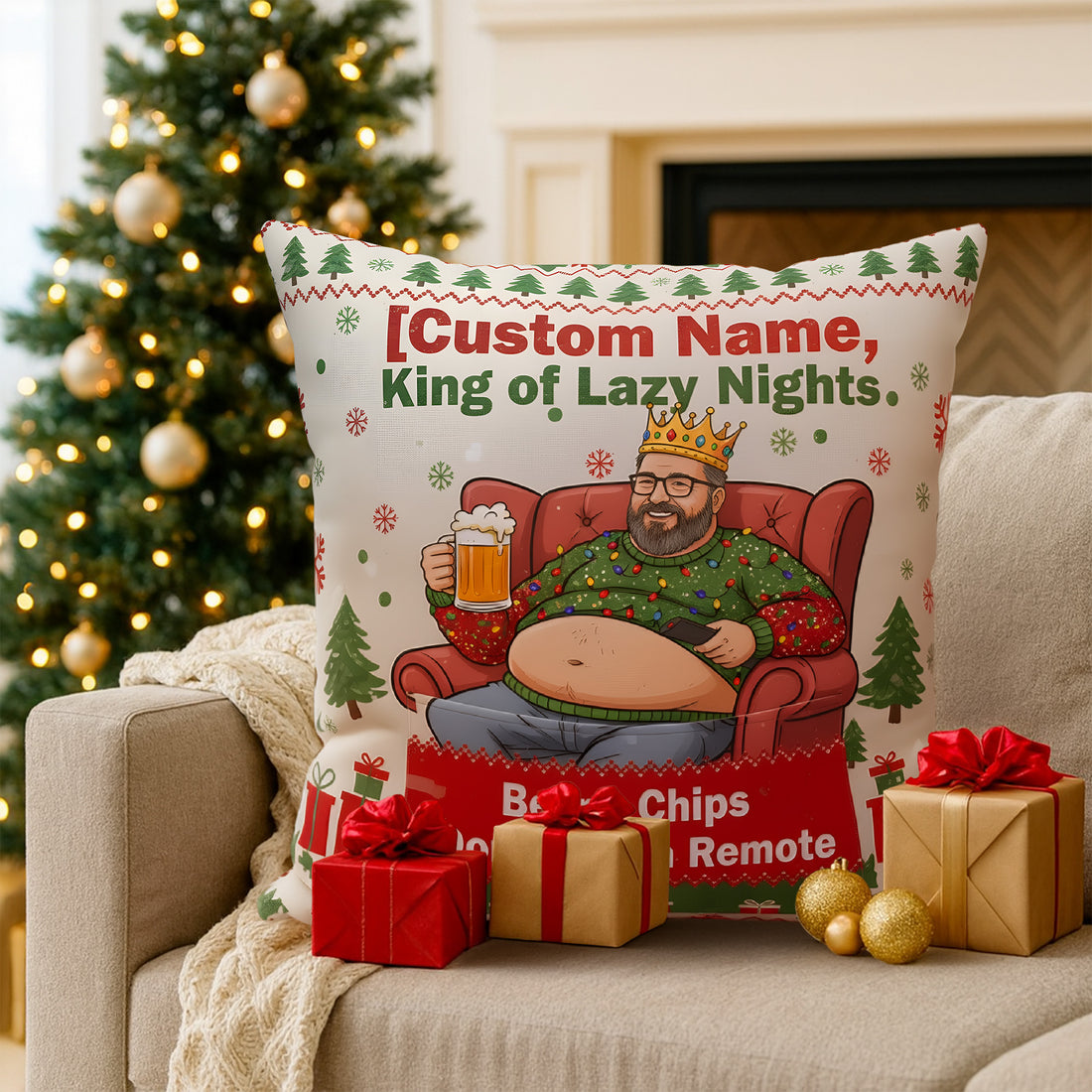 Custom King of Lazy Nights Pillow – Funny Personalized Gift for Men, Beer Chips Don’t Touch Remote, Custom Name & Photo Linen Cushion | Pillow64