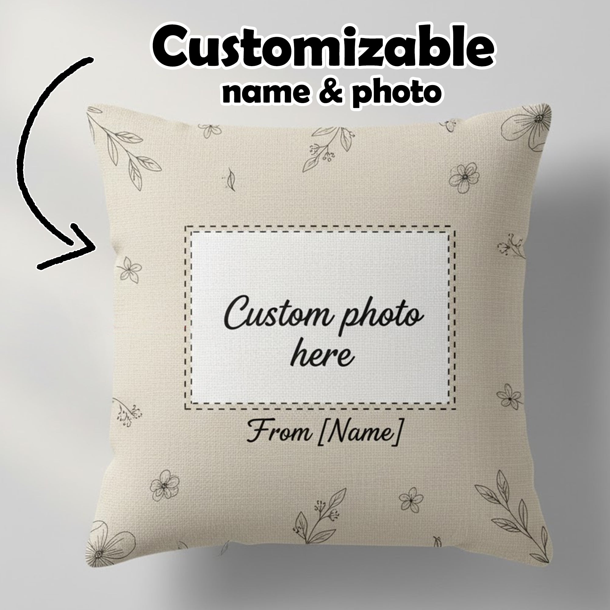 Custom Photo Pillow with Name – Minimal Floral Design, Personalized Gift for Her, Anniversary, Mother’s Day, Memorial Cushion | Pillow 81