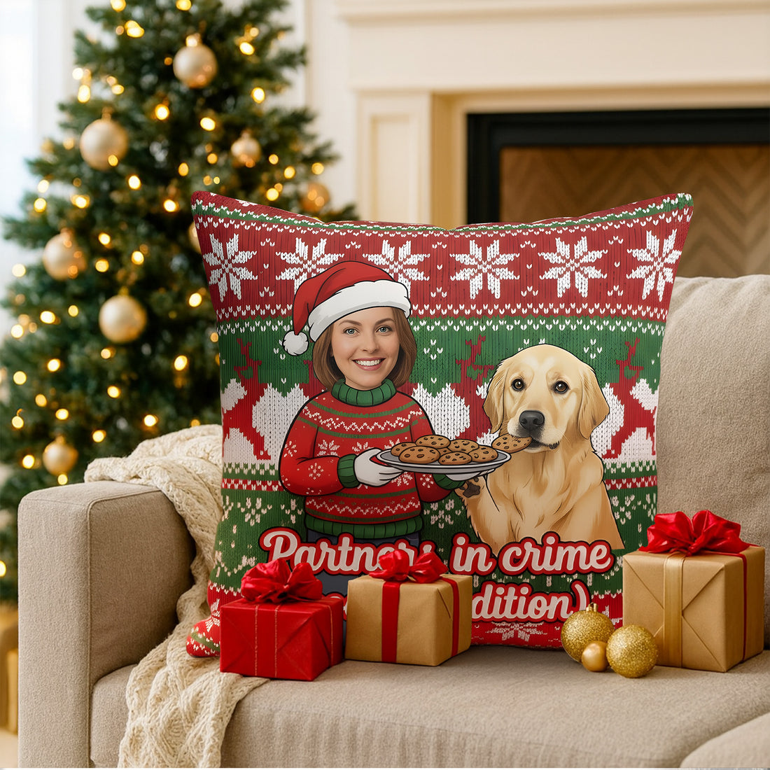 Custom Partners in Crime Pillow – Funny Personalized Dog & Owner Christmas Gift, Cookies Edition, Custom Photo Linen Cushion, Holiday Decor | Pillow47