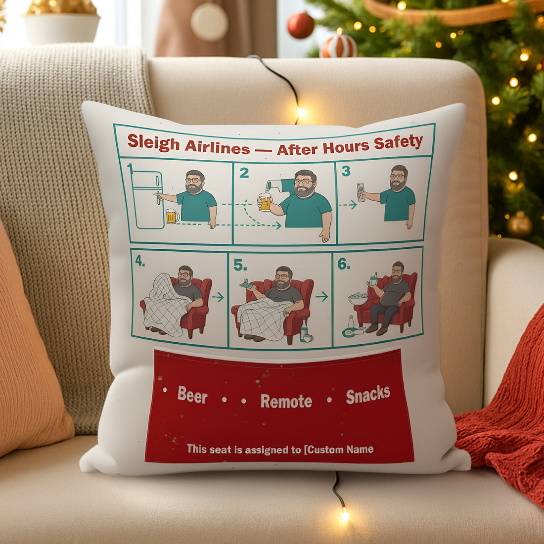 Personalized Funny Christmas Pillow | Custom Face & Name Cushion | Sleigh Airlines After Hours Safety | Holiday Gift for Men | Pillow60