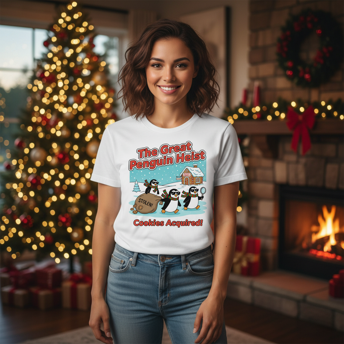 Funny Penguin Christmas T-Shirt, The Great Penguin Heist Tee, Cute Holiday Cookie Shirt, Festive Winter Top, Xmas Gift for Friends | T-shirt 13