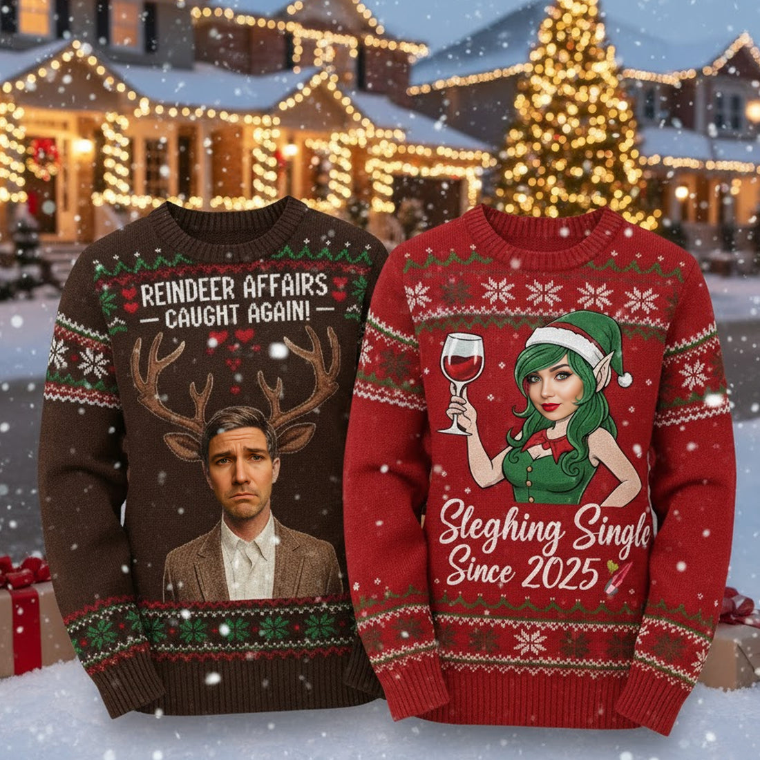 Custom Photo Couple Ugly Christmas Sweater, Reindeer Affairs, Sleighing Single 2025, Funny Personalized Face Xmas Jumper | Ugly 95