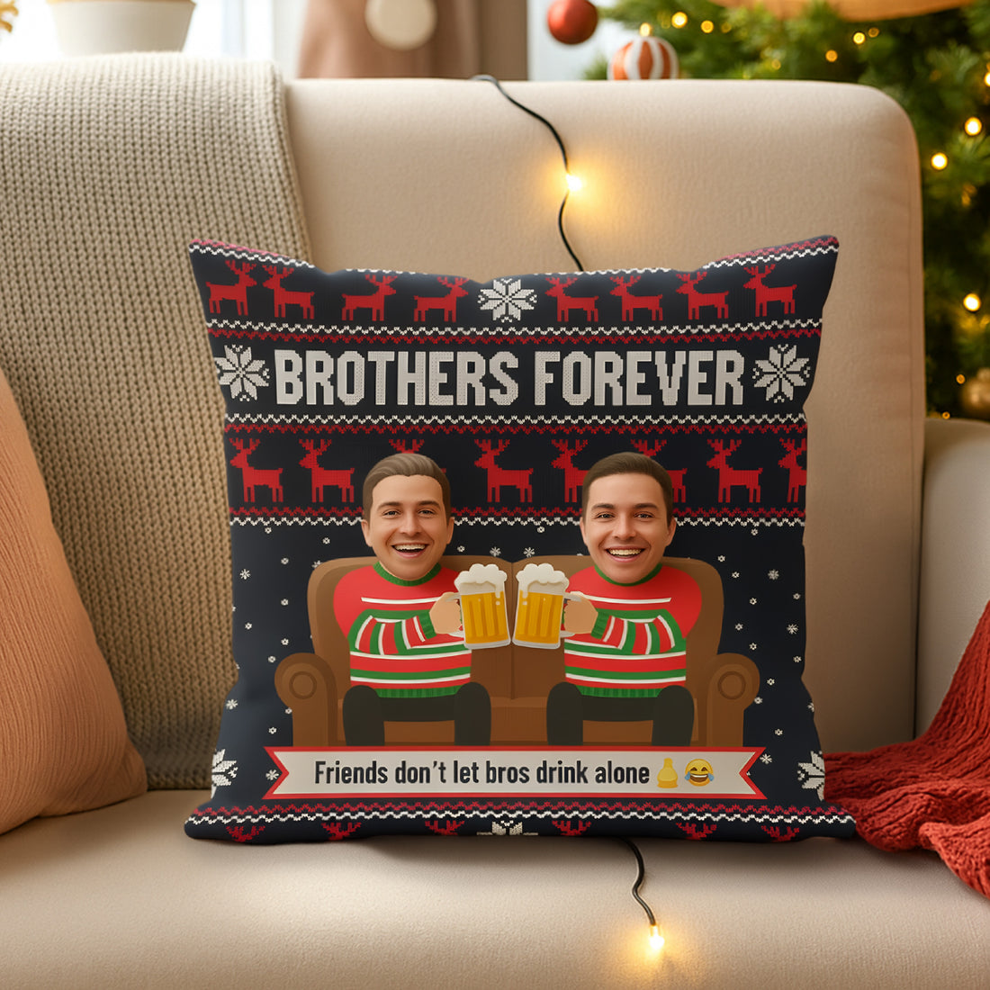 Personalized Brothers Pillow – Custom Face | Funny “Brothers Forever” Gift for Siblings & Best Friends | Christmas Friendship Decor | Pillow19