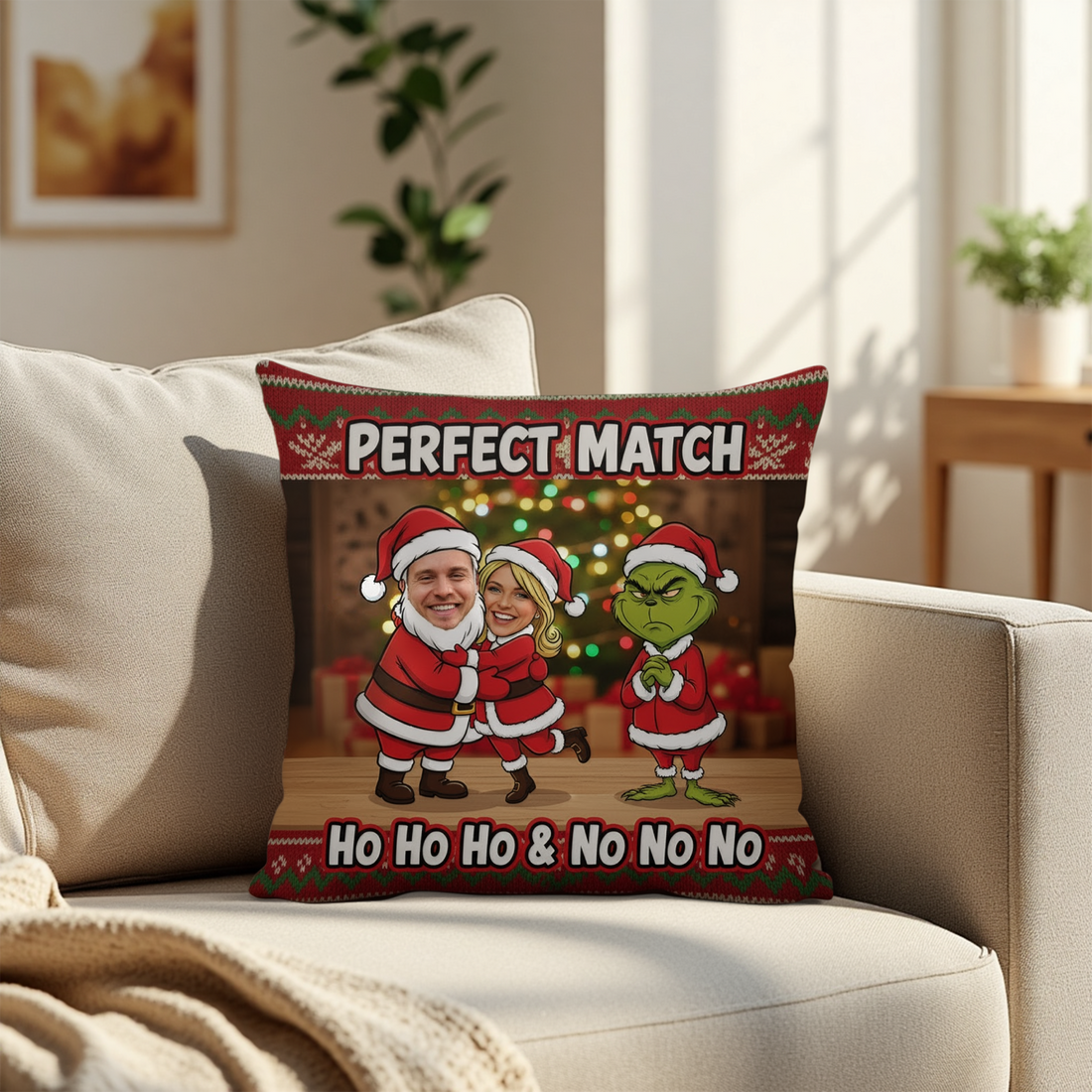 Custom “Perfect Match” Christmas Pillow – Funny Personalized Holiday Gift for Couples | Ho Ho Ho & No No No Design | Pillow6