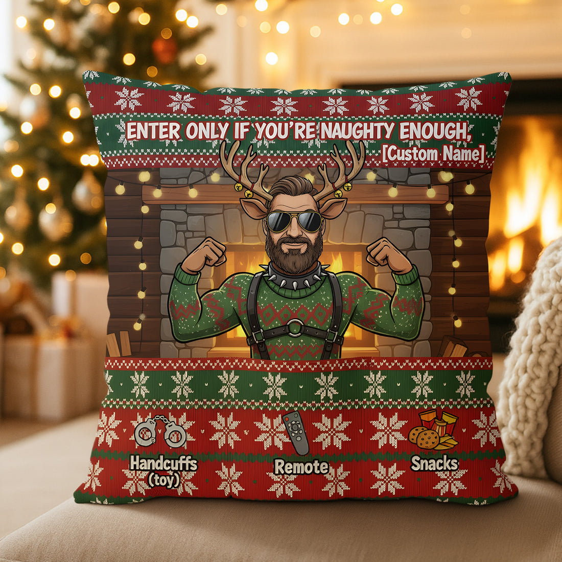 Custom Naughty Christmas Pillow – Funny Personalized Name & Photo Gift, Enter Only If You’re Naughty Enough, Linen Cushion for Men | Pillow55