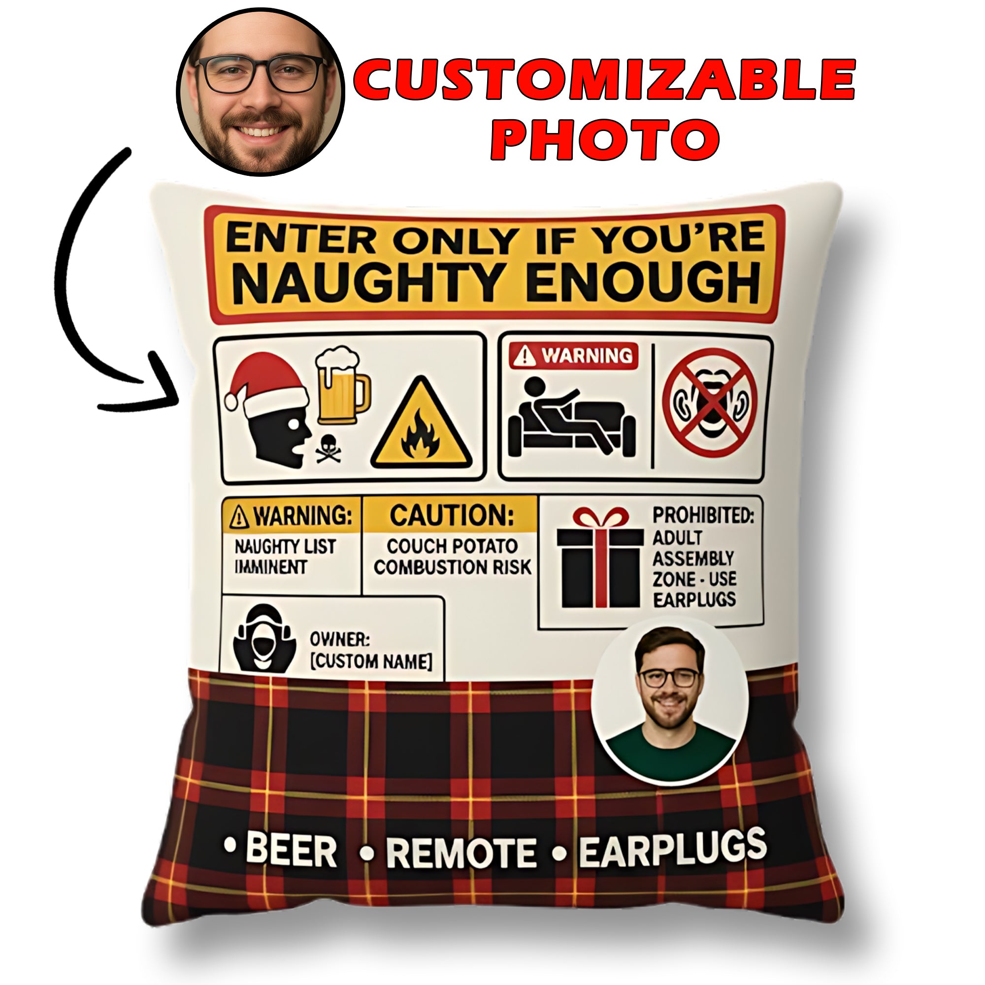 Personalized Christmas Pillow – Custom Face | “Naughty Enough” Funny Double-Sided Linen Pillow | Adult Humor Xmas Gift for Men & Friends | Pillow69