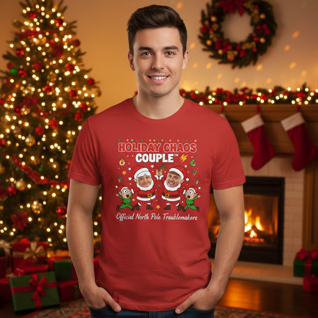 Holiday Chaos Couple Custom Photo T-Shirt, Funny Christmas Tee, Personalized Santa Shirt, Matching Couple Gift, Xmas Humor, Holiday Outfit | T-shirt 49