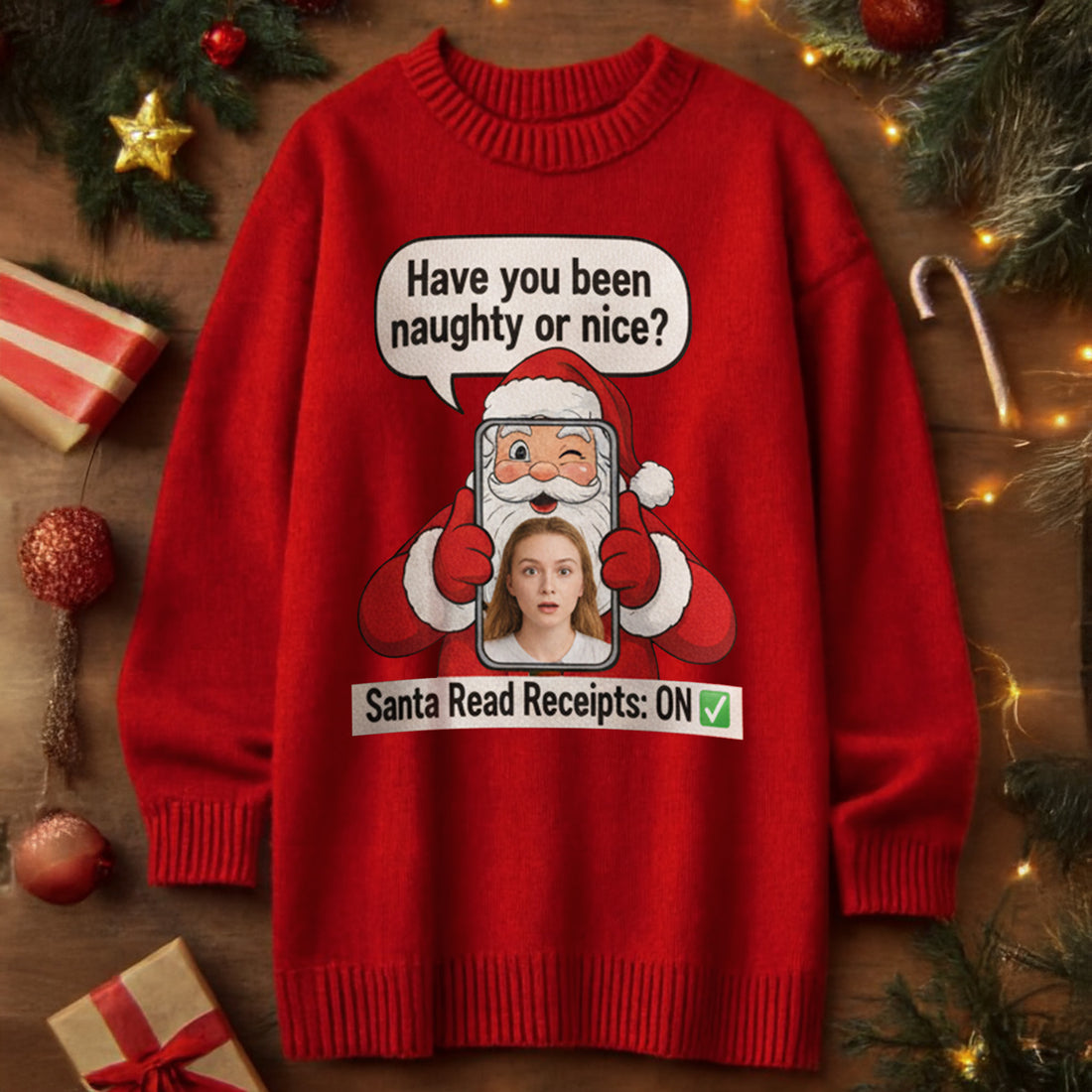 Santa Read Receipts Christmas Sweater – Customizable Photo, Funny Naughty or Nice Jumper| Ugly 16