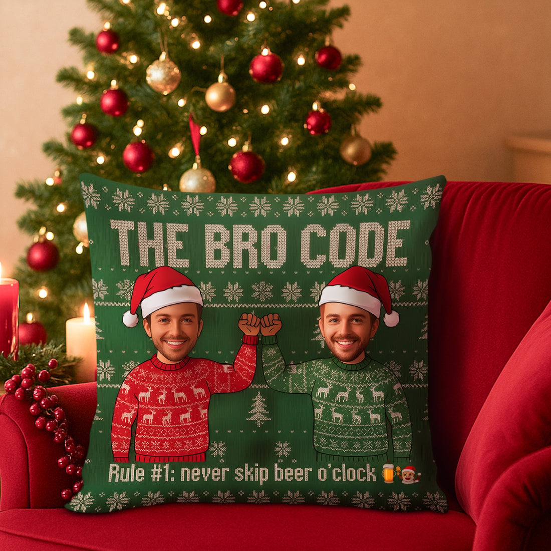 Personalized Double-Sided Christmas Pillow – Custom Face | “The Bro Code” Funny Christmas Gift for Brothers & Friends | Pillow20