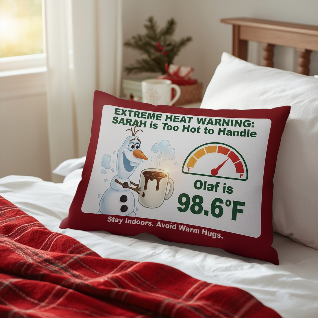 Funny Custom Name Pillow – Extreme Heat Warning, Too Hot to Handle Olaf Design, Personalized Christmas Gift, Cute Winter Decor | Pillow 108