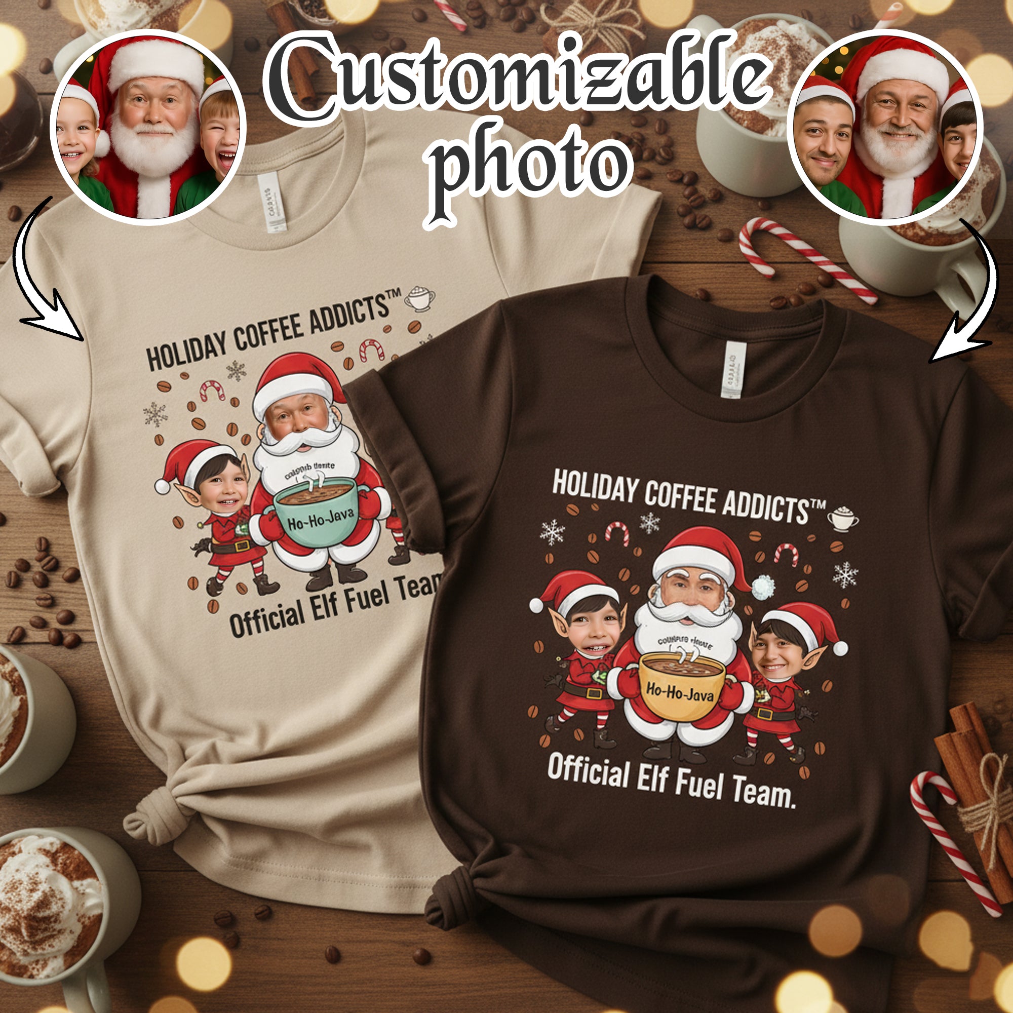 Holiday Coffee Addicts Custom Photo Christmas T-Shirt, Funny Personalized Santa Elf Tee, Coffee Lover Xmas Gift, Family Holiday Shirt | T-shirt 27
