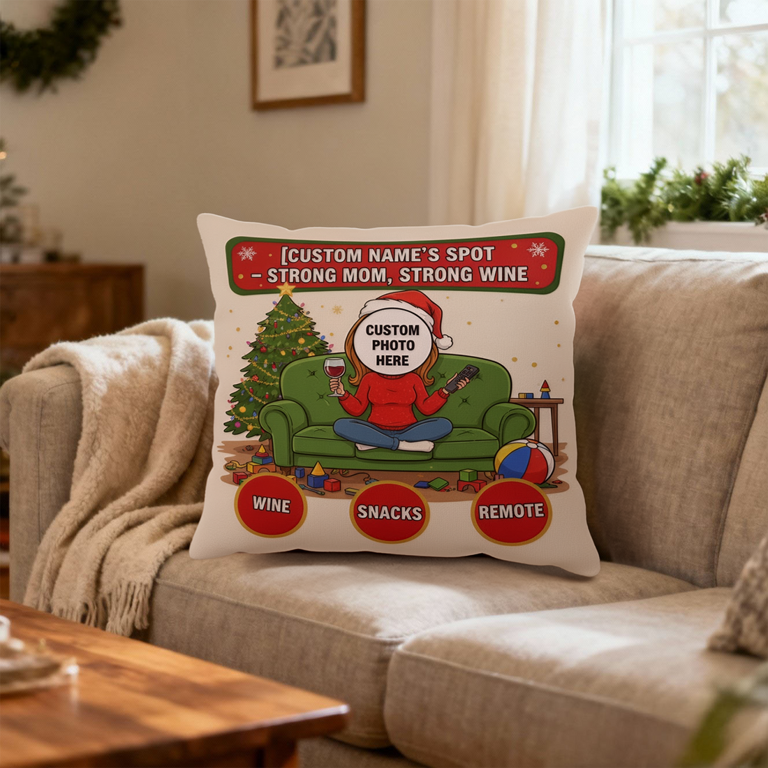 Funny Mom Christmas Pillow – Custom Name & Photo, Strong Mom Strong Wine, Personalized Holiday Gift for Wine Lovers | Pillow 85