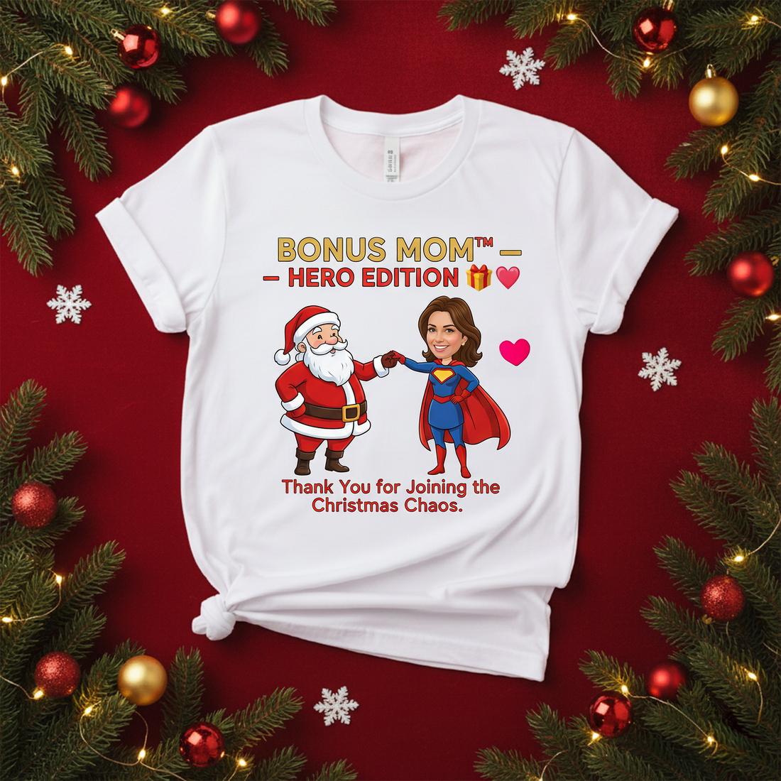 Bonus Mom Hero Edition Custom Photo T-Shirt, Funny Christmas Gift for Stepmom, Personalized Santa Tee, Holiday Family Matching Shirt | T-shirt 20
