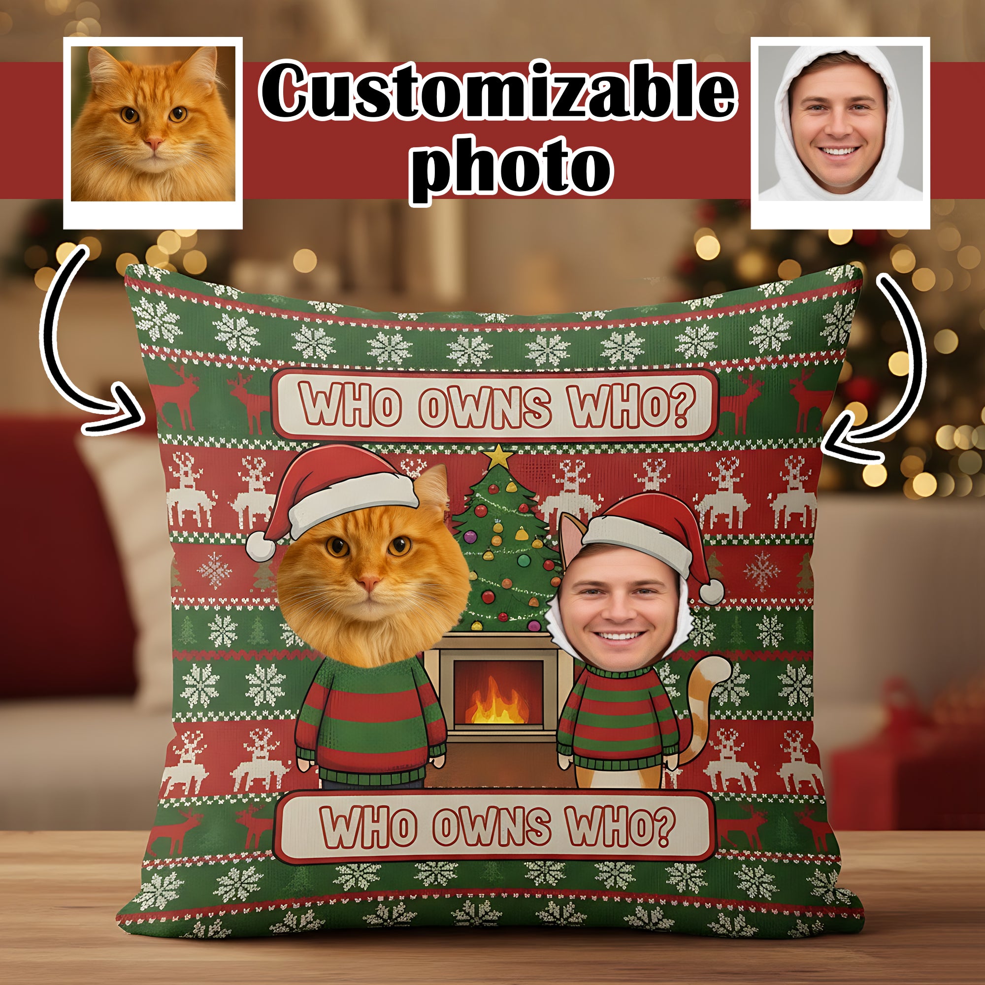 Custom Who Owns Who Christmas Pillow – Funny Personalized Cat & Owner Gift, Custom Photo Linen Cushion, Holiday Decor for Pet Lovers | Pillow56