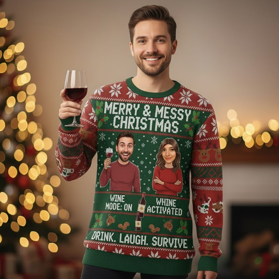 Merry & Messy Ugly Christmas Sweater – Customizable Photo, Funny Holiday Jumper, Wine Mode On, Whine Activated | Ugly 55