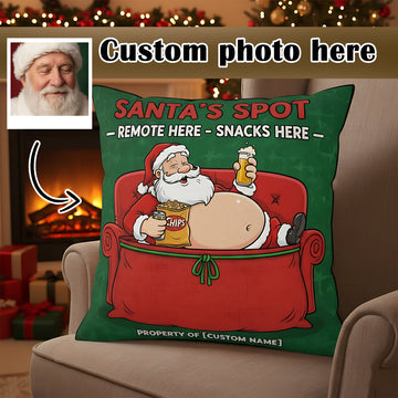 Custom Santa’s Spot Christmas Pillow – Funny Personalized Photo Gift, Remote Here Snacks Here, Custom Name Linen Cushion for Men | Pillow46