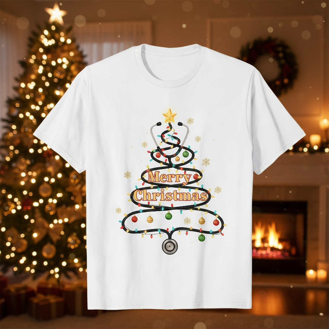 Merry Christmas Stethoscope Tree T-Shirt, Nurse Doctor Holiday Tee, Medical Xmas Shirt, Healthcare Worker Gift, Festive Nursing Top | T-shirt 24