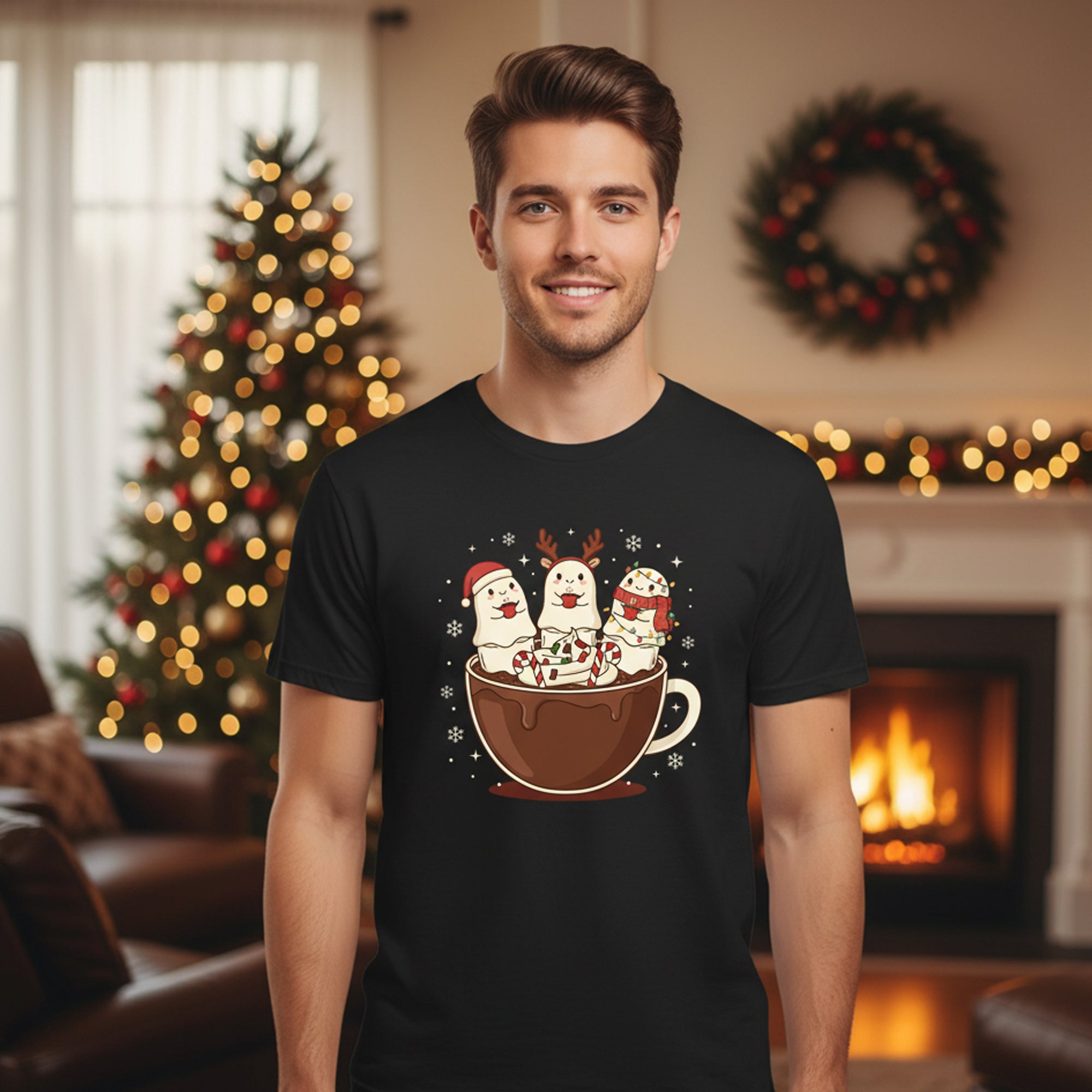 Hot Cocoa Marshmallow Christmas T-Shirt, Cute Holiday Tee, Funny Winter Coffee Shirt, Xmas Gift for Men Women Kids, Festive Unisex Top | T-shirt 56